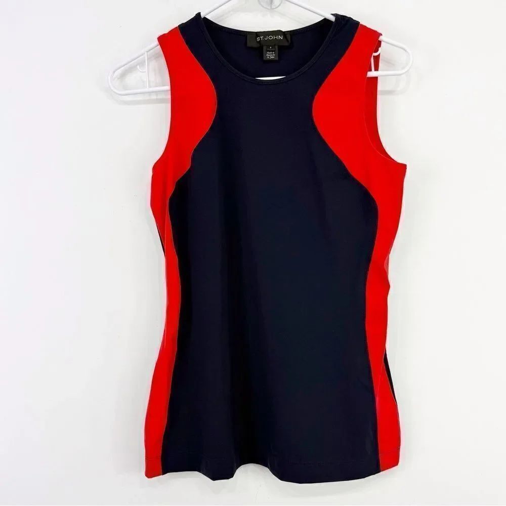 St. John Navy Blue Red Sleeveless Sport Athletic Activewear Keyhole Tank Top